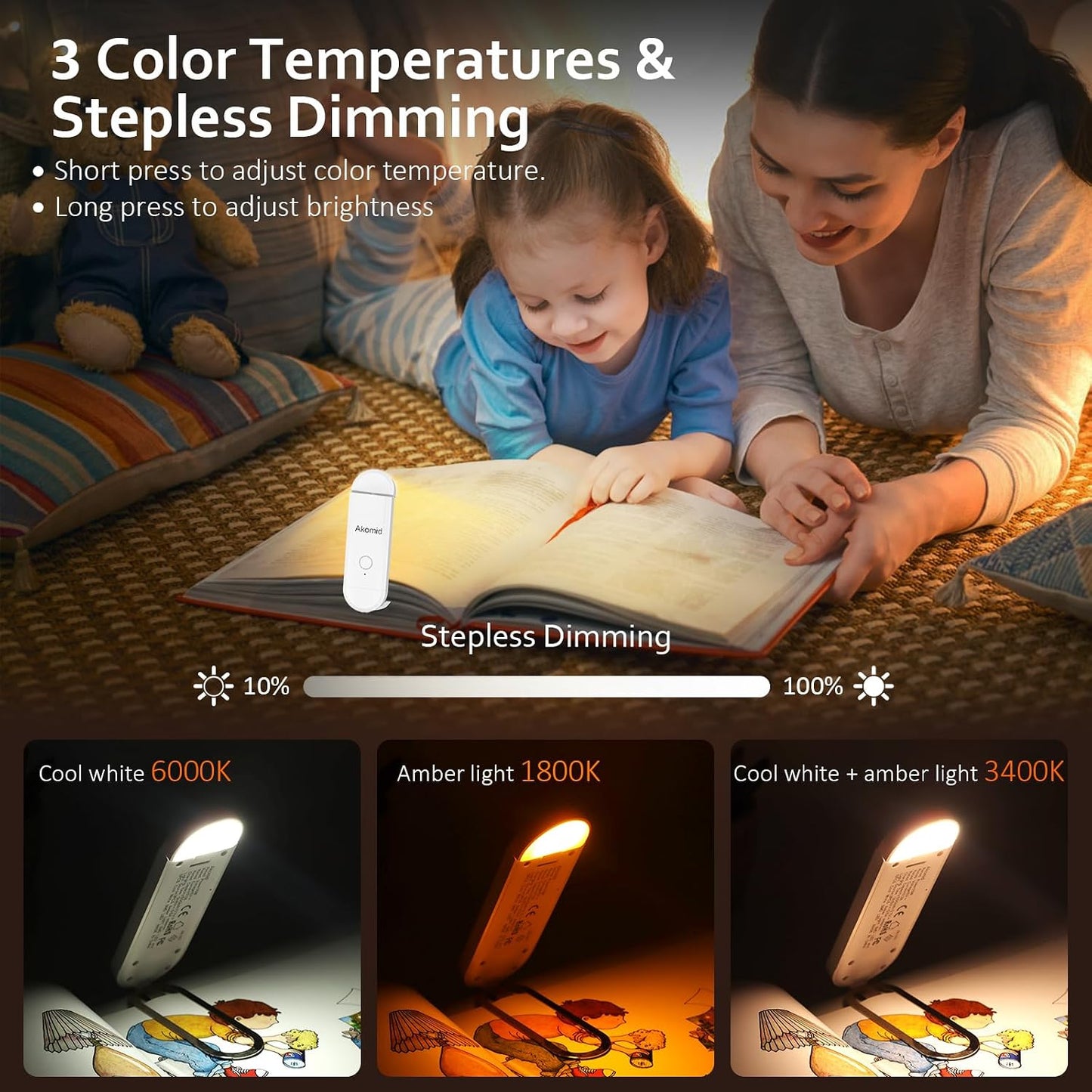 Akomid USB Rechargeable Book Light for Reading in Bed, 8 LEDs Bookmark Style Clip on, Eye-Cared Amber Light Mode for Kids, Blue Light Blocking, Stepless Dimming,Khaki