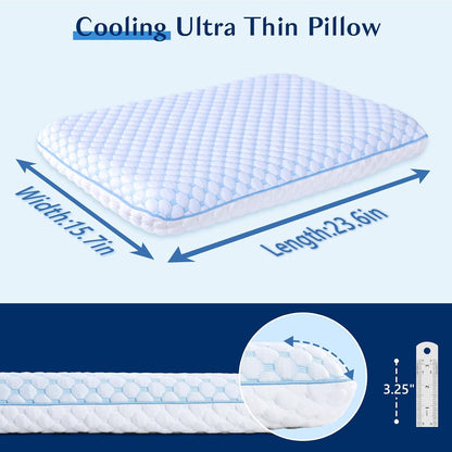 Thin Pillow for Sleeping, Cooling Gel Flat Pillow for Stomach and Back Sleepers, Ultra Slim Stomach Sleeping Pillows for Shoulder Neck Pain Relief, Low Profile Memory Foam Pillows 2.25-inches