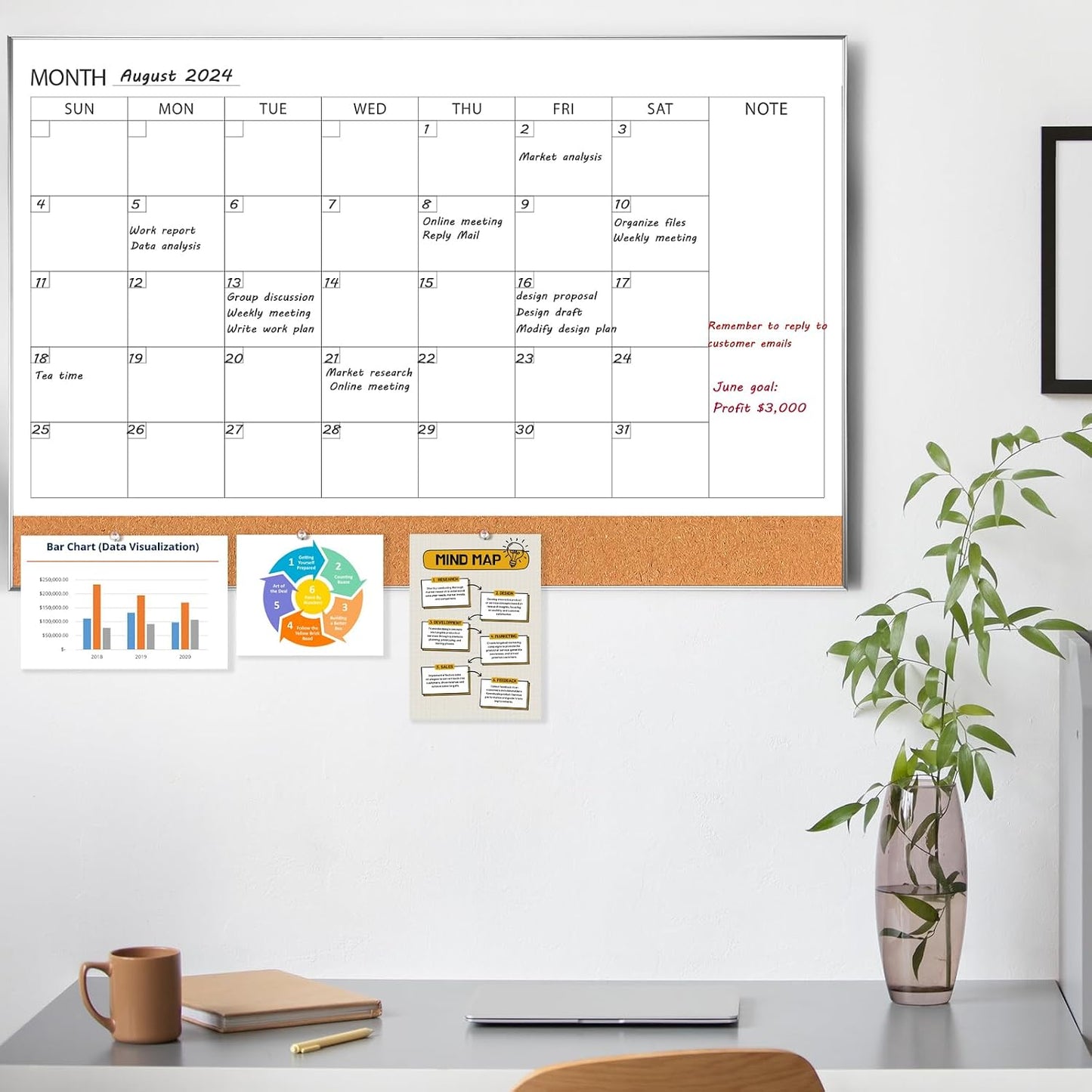 ARCOBIS Dry Erase Calendar with Cork Board for Wall, 24"x 18" Magnetic Calendar Whiteboard with Black Frame, Monthly Combination Board for School, Home, Office