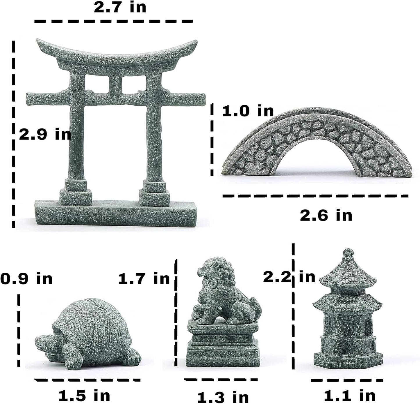 6 PCS Mini Zen Garden Accessories, Miniature Garden Bridge Foo Dogs Torii Gate Sandstone Figurines Meditation Zen Decor Japanese Fish Tank Terrarium Bonsai Decorations (Art Deco)