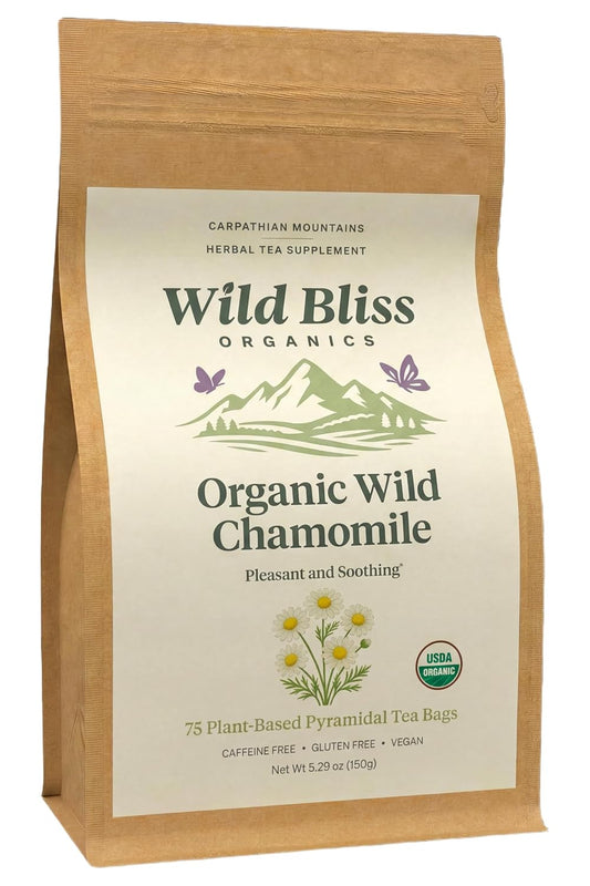 Wild Bliss Organic Chamomile Tea - Caffeine Free Calming Herbal Support - Pharmacopoeia Potency - 75 Plant Based Tea Bags