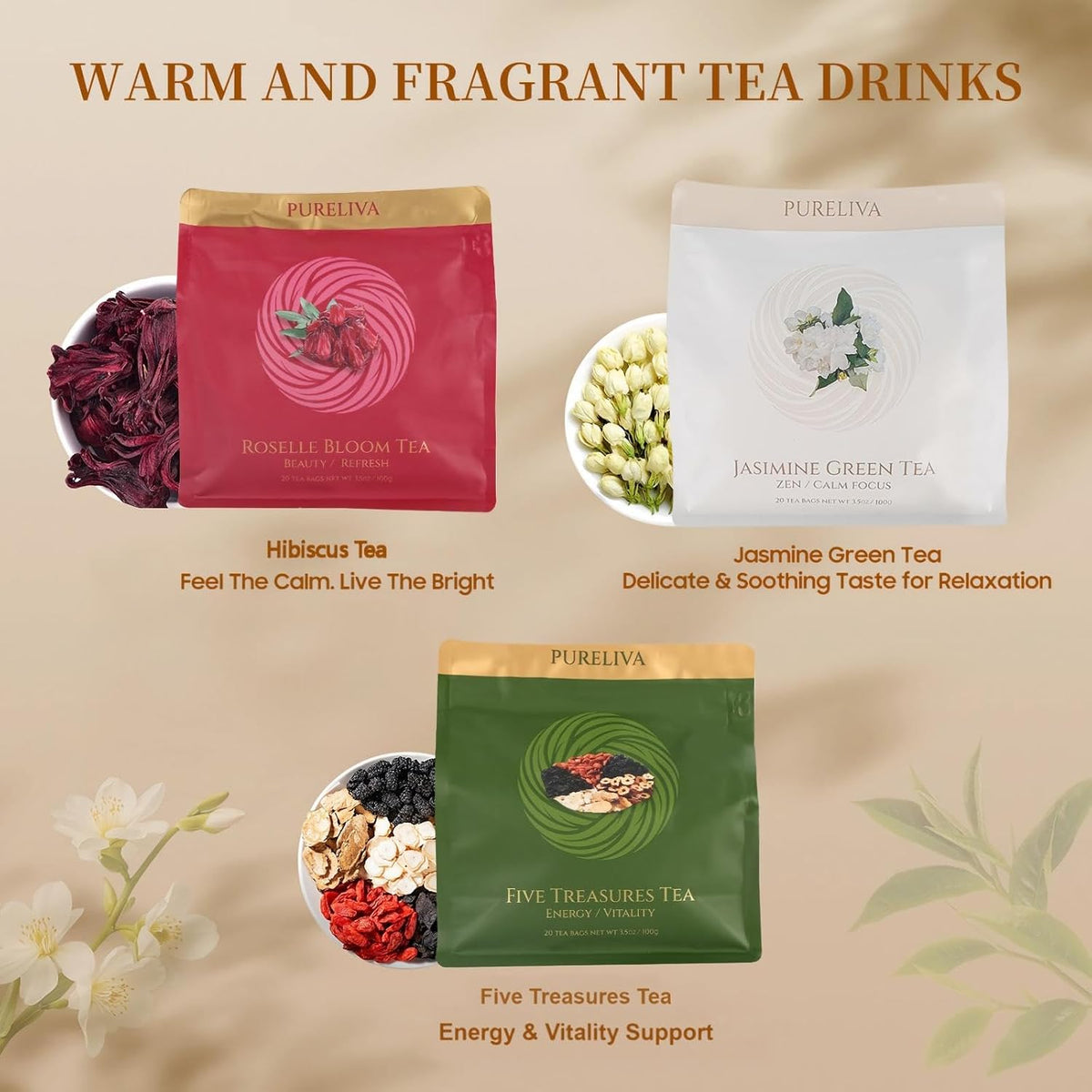 Tea Sampler Variety Pack, Caffeine Free Tea Bags for Women, Hot or Iced