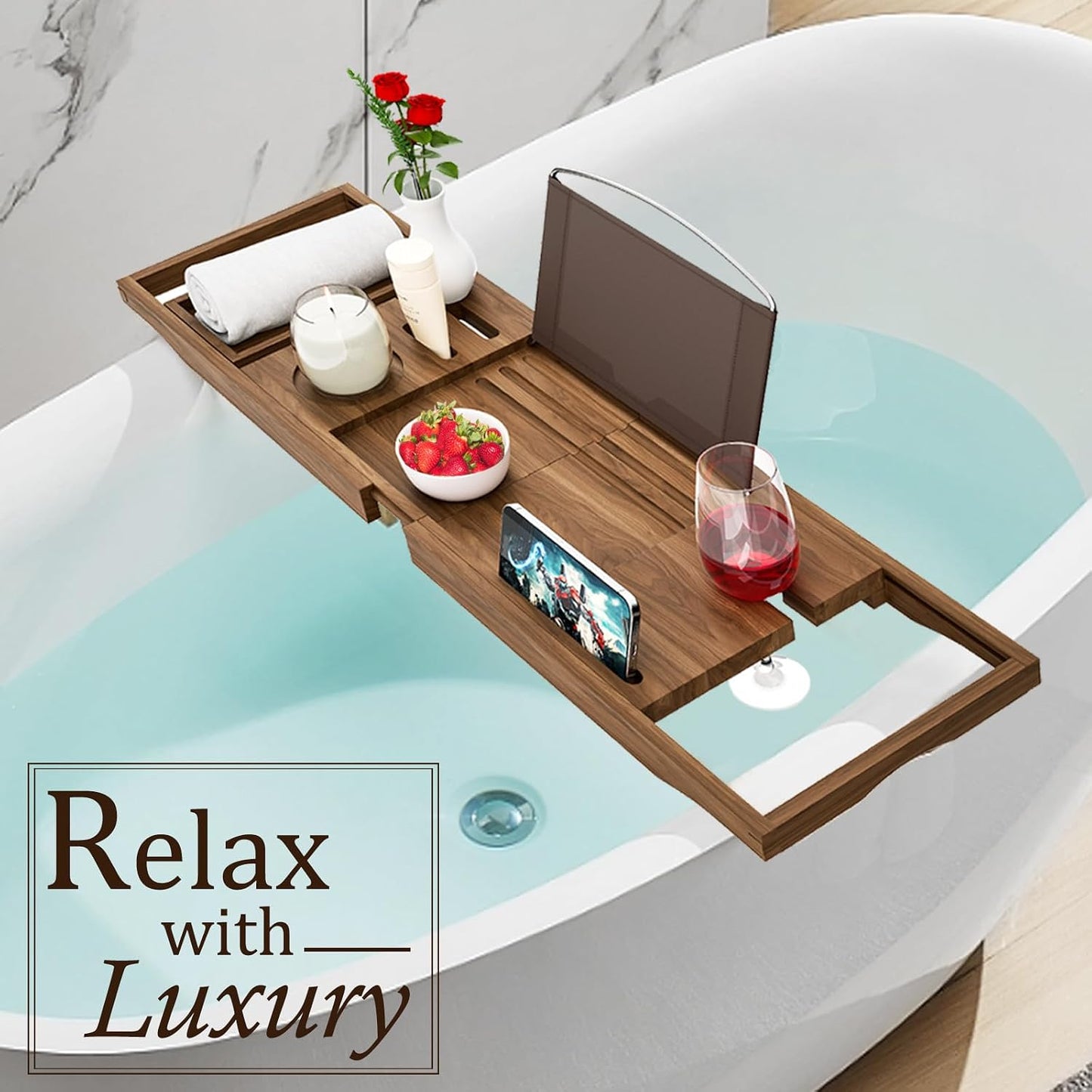 Premium Bamboo Bathtub Tray Caddy - Bath Tub Tray Table for Bathtub - Bath Caddy Tray for Bathtub, Expandable Size, Fits Most Bath Tubs