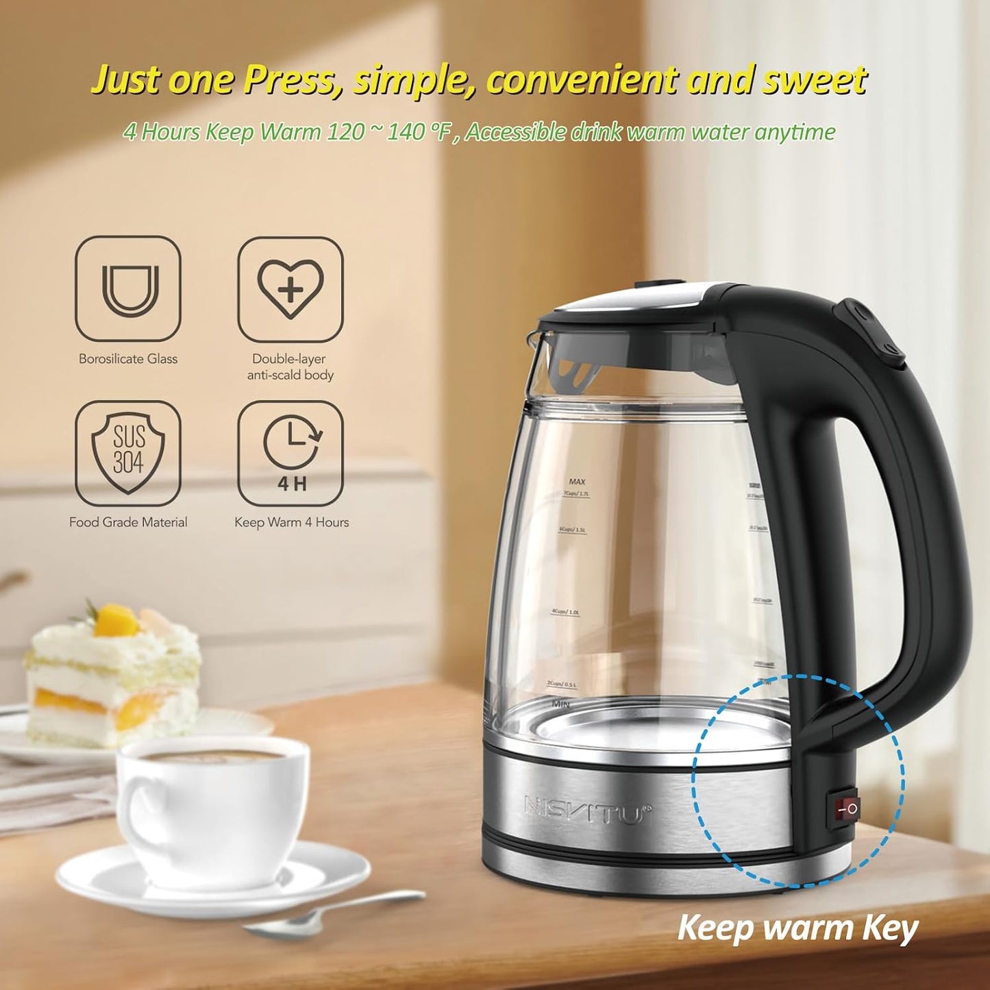 NISVITU 1.7L Dual Wall Cool Touch Electric Kettle, BPA-Free Borosilicate Glass Inner, PC Outer, 1500W Fast Boil Cordless Hot Water Boiler & Electric Tea Kettle, Keep Warm, Auto Shut-Off, White