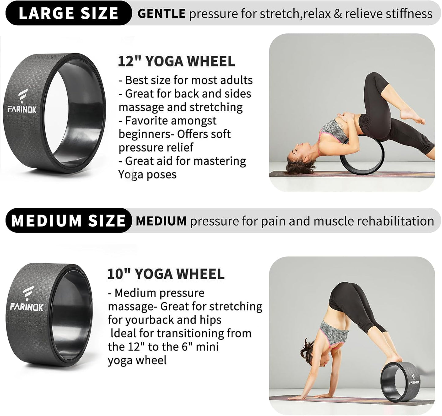 Yoga Wheel Set of 3+1, Upgraded 10MM Thick Back Wheels for Pain Relief & Stretching, Strongest Back Roller for Deep Tissue Massage, Improving Yoga Poses Backbend