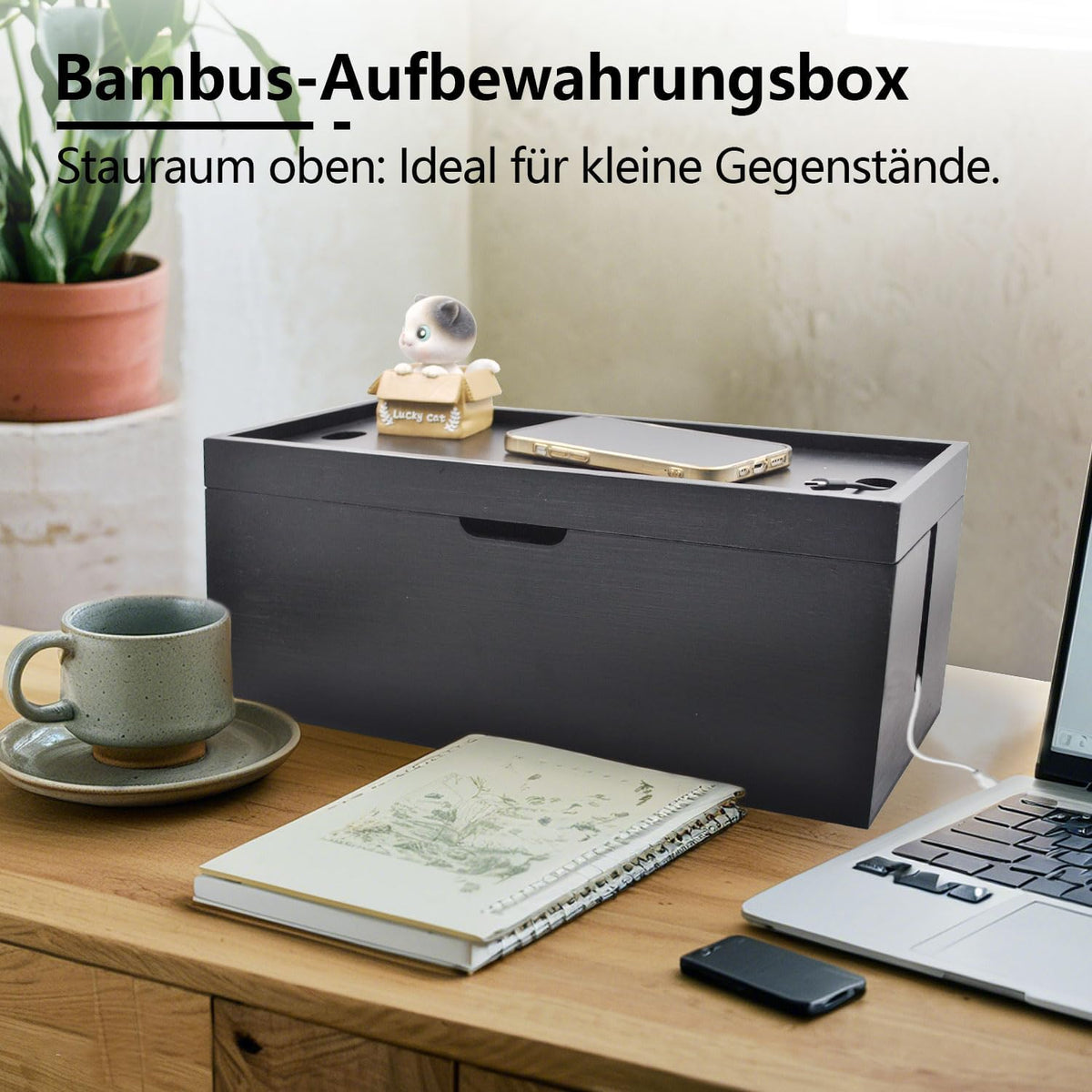 15 Inch Bamboo Large Cable Management Box, Black Cord Organizer