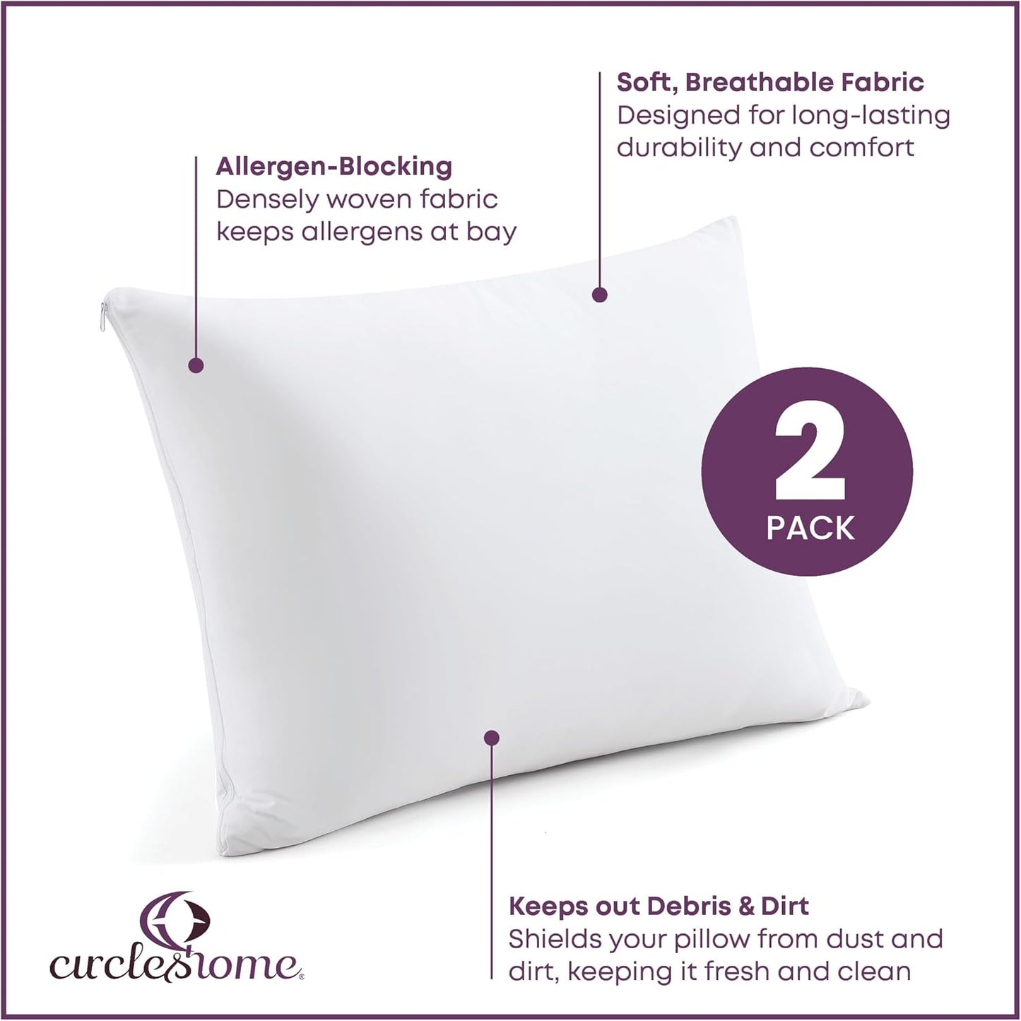 CirclesHome Pillow Protectors 4 Pack Standard Zippered - 100% Cotton Breathable Pillowcases - Protects Pillows from Dirt, Dust and Debri (Standard - Set of 4 - 20x26)