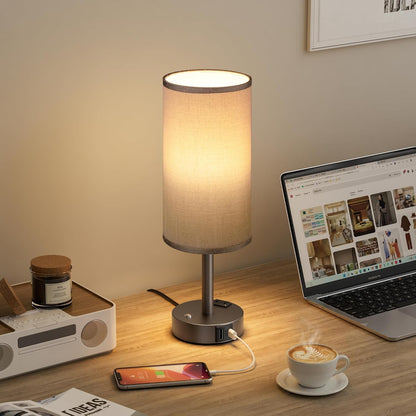 Touch Bedside Table Lamp with Memory - Stepless Dimmable Lamp for Bedroom, Small Nightstand Lamp with Dual USB Charging Ports and AC Outlet, Wood Night Light, Desk Lamp for Nursery, Living Room, Dorm