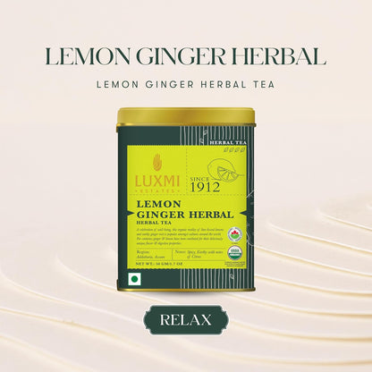 Luxmi Estates Lemon Ginger Tea, Organic Loose Leaf, 50g (1.76oz, 25 Cups), USDA Organic Herbal Infusion with Lemon Peel, Ginger Root, Lemongrass & Cinnamon - Caffeine-Free, Naturally Sweet, Resealable Tin