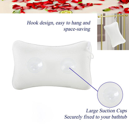 Bathtub Pillow, Non Slip, Breathable Soft, Comfortable Head Neck Support, Machine Washable, 2 Large Suction Cups (White)