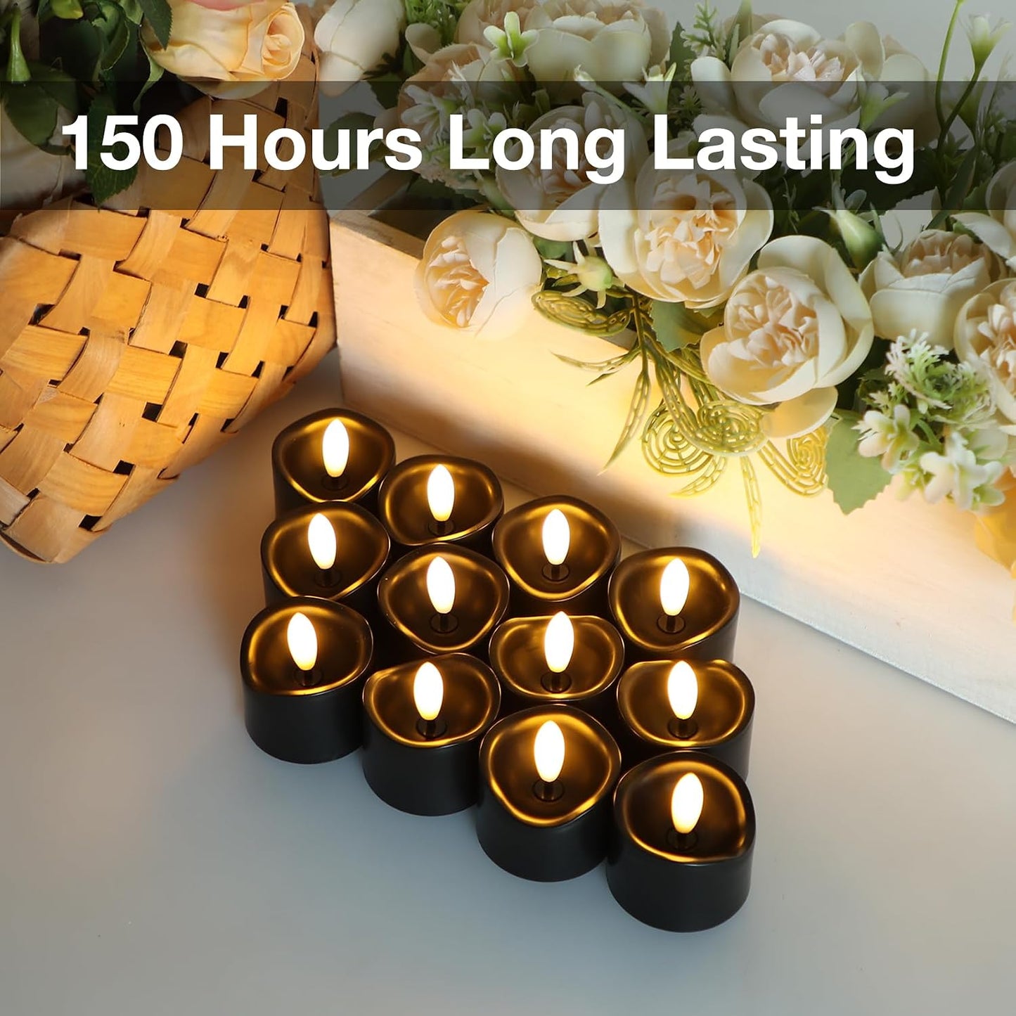 24 Pack Flameless Tealight Candles Battery Operated Tea Lights, Realistic Flickering Electric LED Tea Lights, 3D Wick Fake Tea Lights for Votive, Festival, Party, Wedding Decor