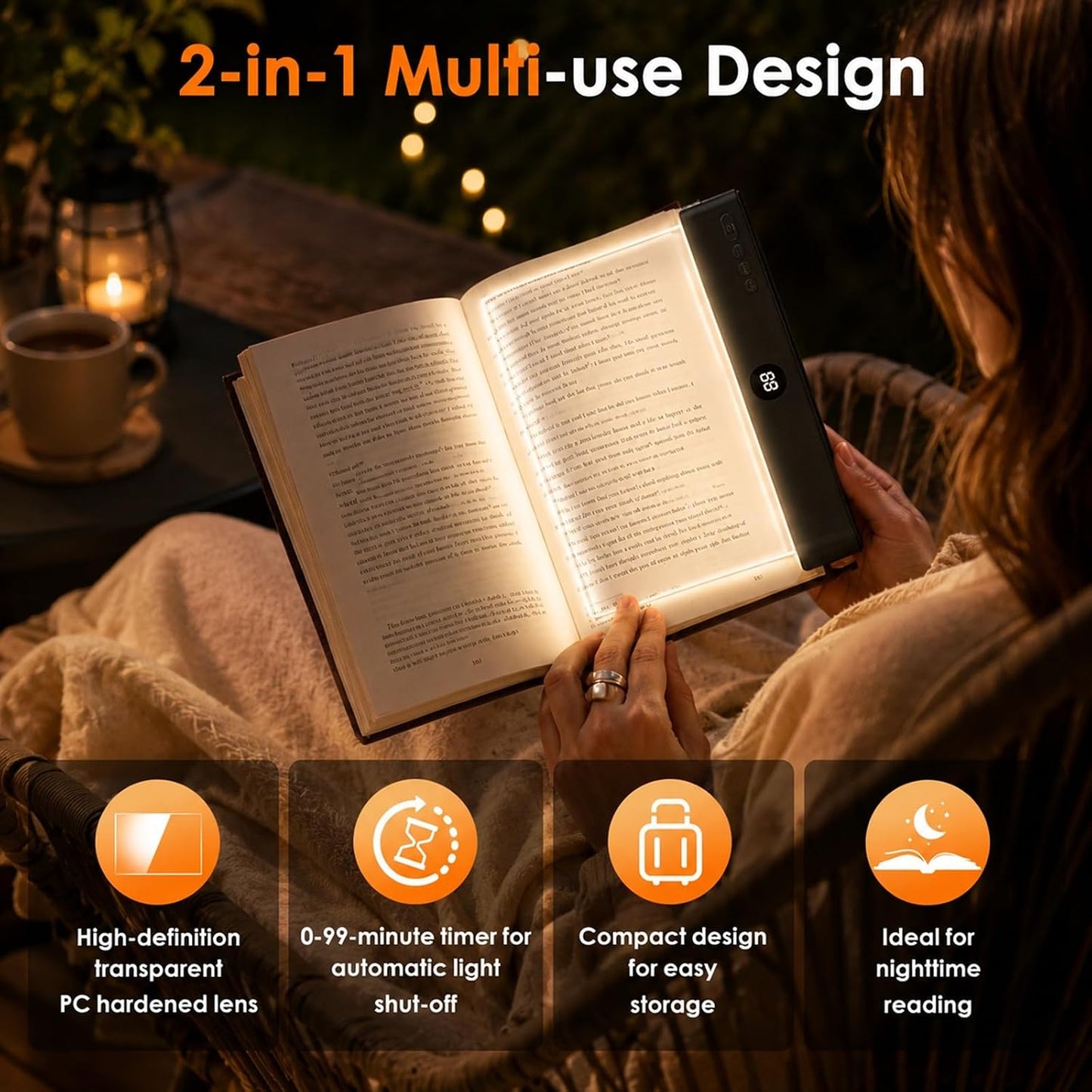 Gayrrnel LED Flat Book Light for Reading, Book Light for Reading in Bed, 3 Color Mode, Eye Care Stepless Dimmable, Portable USB Rechargeable 1200mAh Battery, Auto-Off Timer