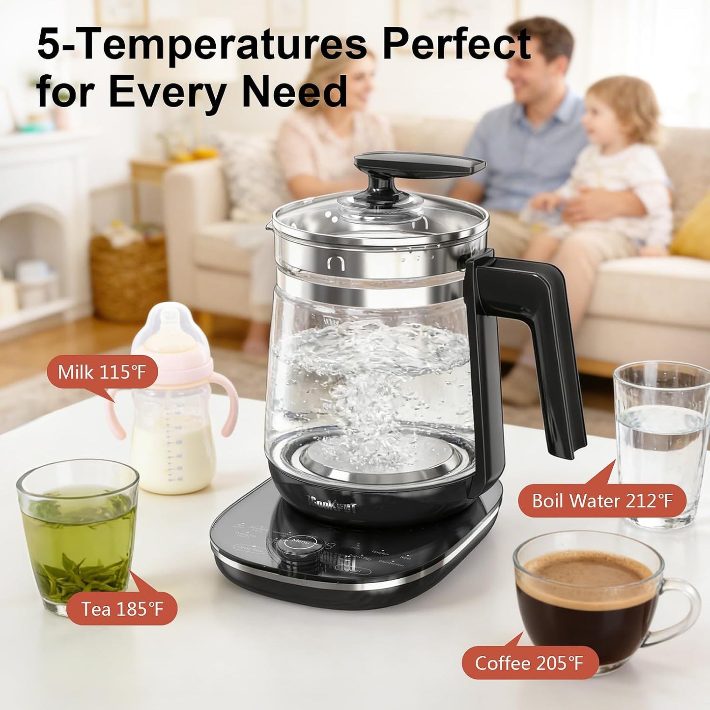 Electric Kettle 1.5L Borosilicate Glass, 1200W Temperature Control Tea Kettle with Auto Shut-Off & Boil-Dry Protection, BPA-Free Stainless Steel Base, Fast Boil for Coffee & Keep Warm, White