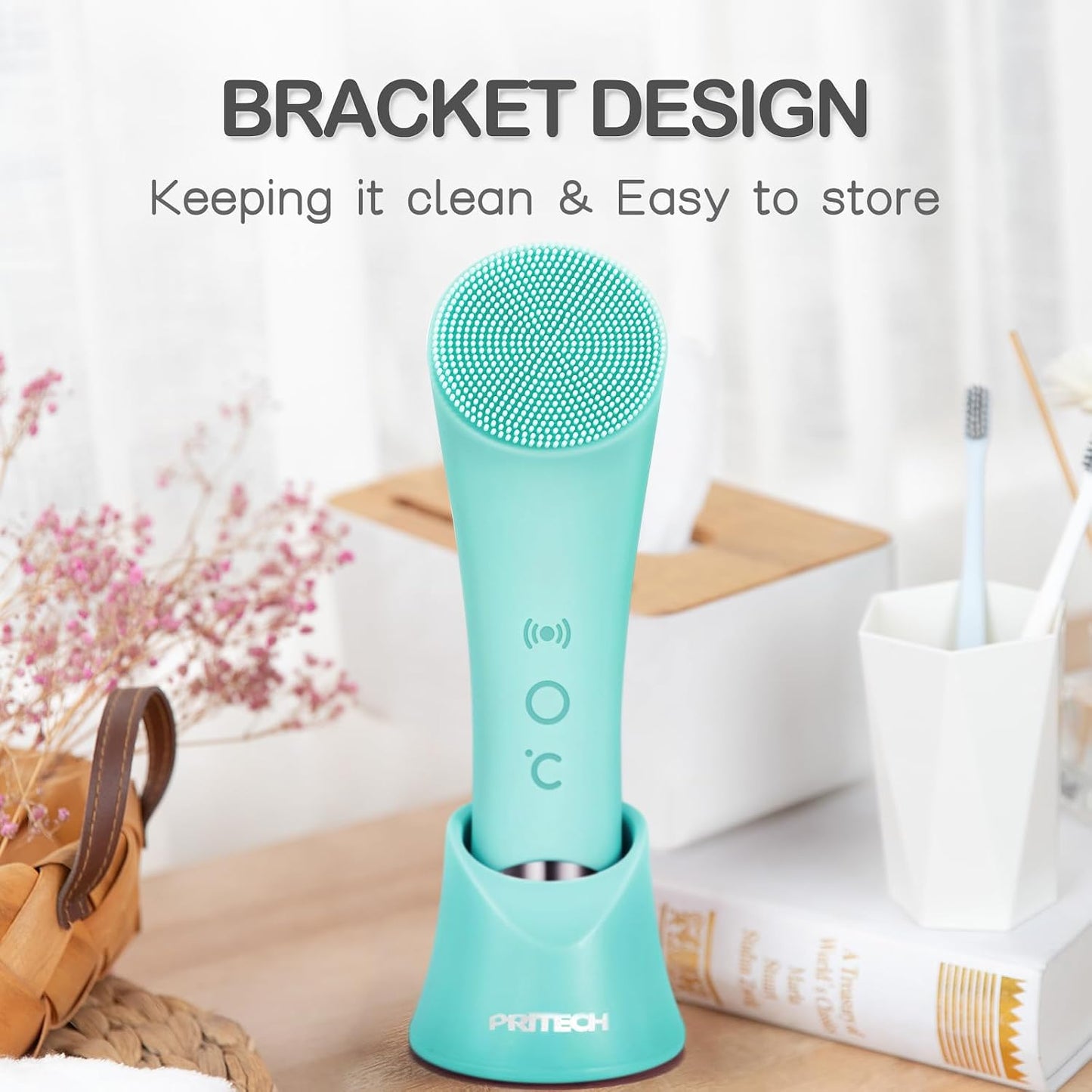 PRITECH Facial Cleansing Brush, Rechargeable Silicone Face Scrubber with Heat Massage End, Vibrating Exfoliator Scrubber for Deep Cleaning, Waterproof Face Brush for Women and Men (Pink)