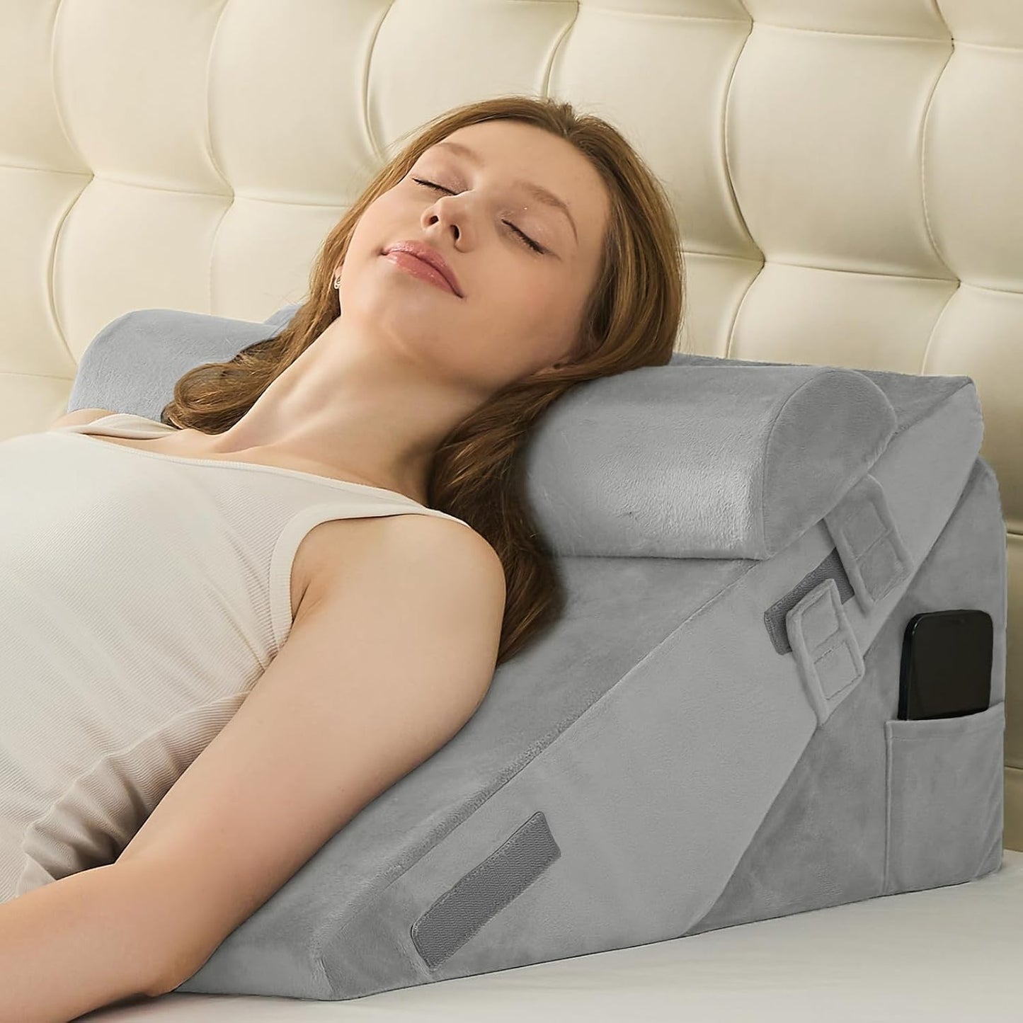 Sasttie Wedge Pillow Set for After Surgery, 2PCS Adjustable Bed Wedge Pillow Headboard with Memory Foam Neck Cushion – for Acid Reflux, Sleeping, Neck & Back Support, Dark Grey & White