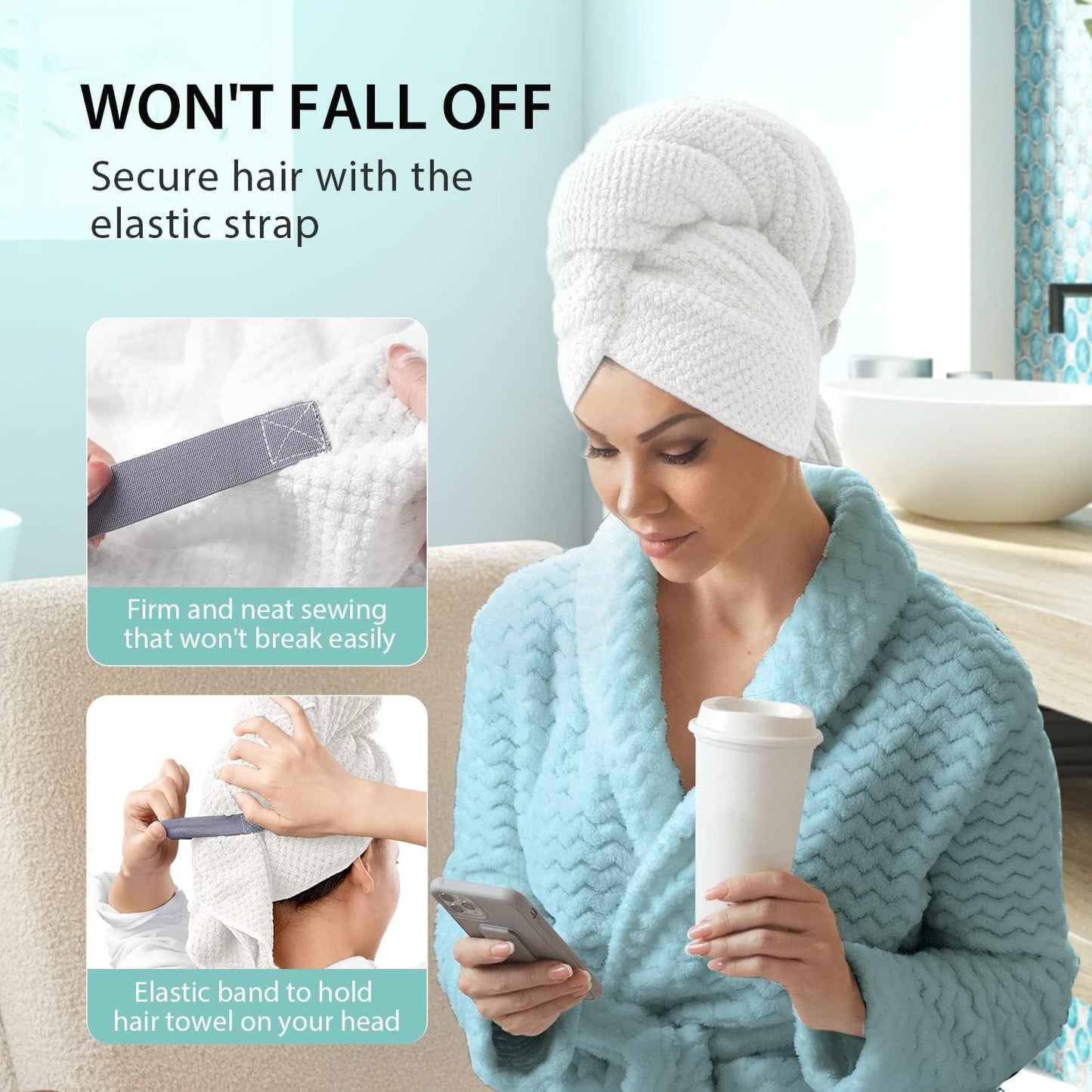 YFONG Large Hair Towel Wrap for Women, Super Absorbent Microfiber Hair Towel for Curly Hair, Fast Drying Hair Turbans with Elastic,Hair Drying Towel Wrap for Hair Care 26.3" X 40" (Blue)