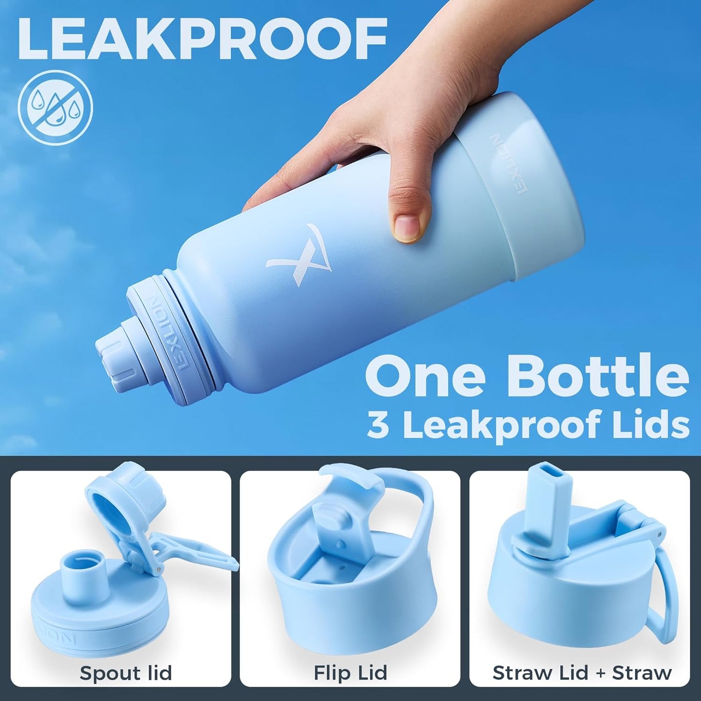 Lexlion Tea Infuser Water Bottle 32 Oz – Triple Wall Insulated Stainless Steel, Loose Leaf & Fruit Strainer, 3 Leakproof Lids, BPA-Free Silicone Sleeve, Reusable Thermal Mug