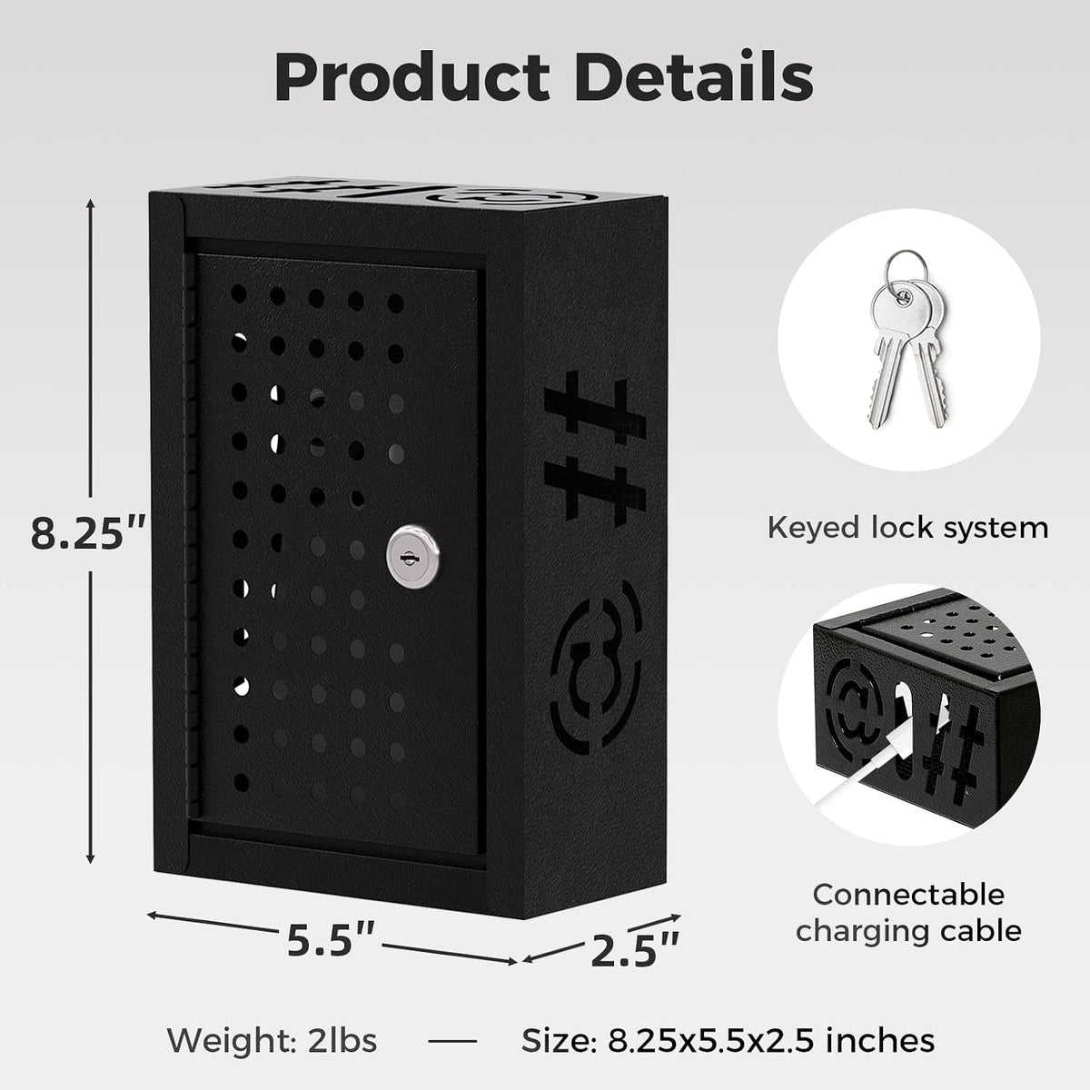 OSKIE Lockable Phone Downtime Box with Key, Metal Smartphone Storage Locker, Secure Phone Holder with Ventilation, Wall Mount or Desktop Organizer for Home, Office, Classroom (Gray White)