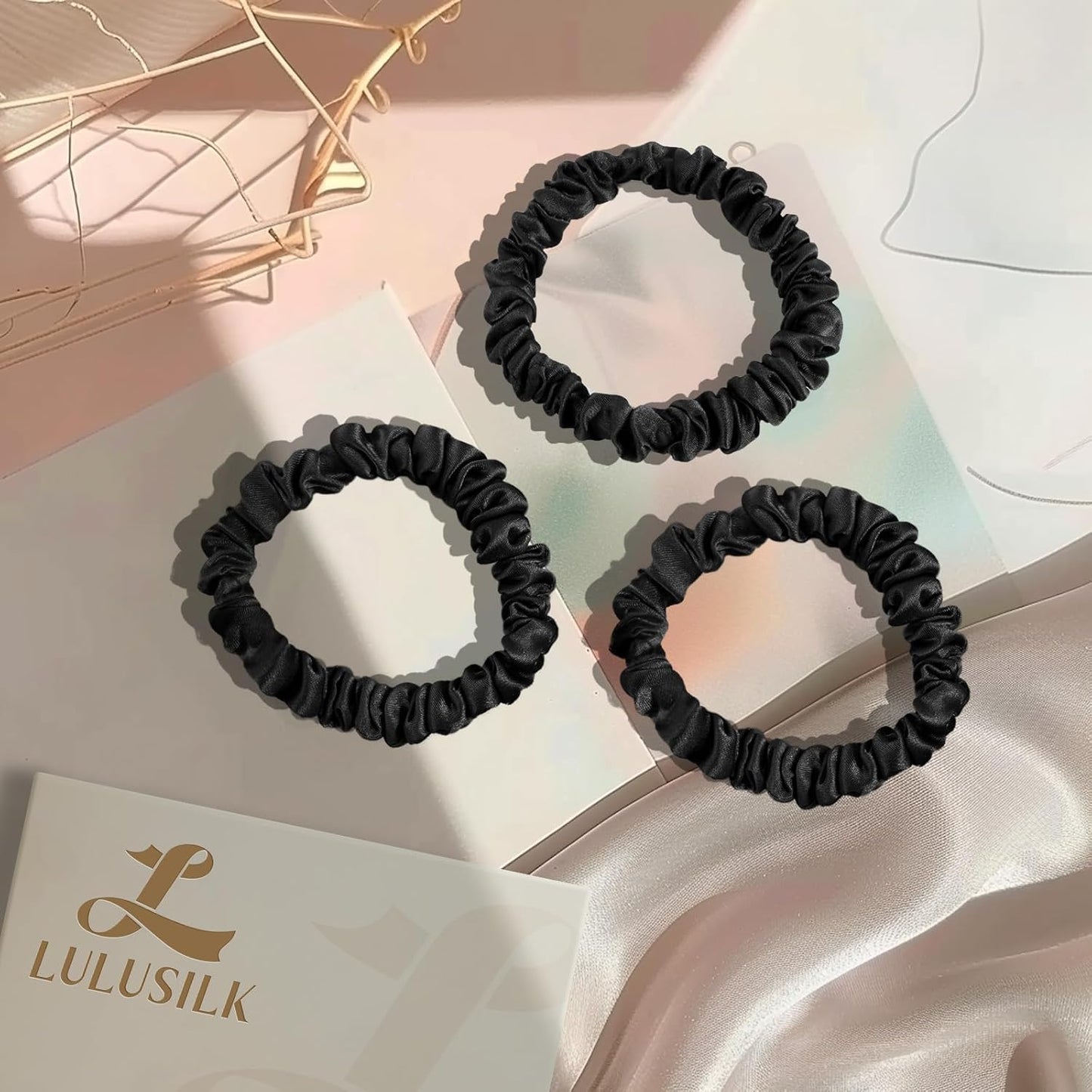 LULUSILK Small Silk Hair Ties No Damage, 100% Real Mulberry Silk, Skinny Scrunchies Ponytail Holders for Thin Fine Hair, Brown, Pack of 3