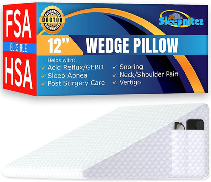 Sleepnitez Fsa Eligible 8" Bed Wedge Pillow – Memory Foam Wedge for Sleeping, Acid Reflux Pillow for Snoring, GERD, Pregnancy, Sleep Apnea, Reading – Soft Luxurious 3.25" Memory Foam Top Layer