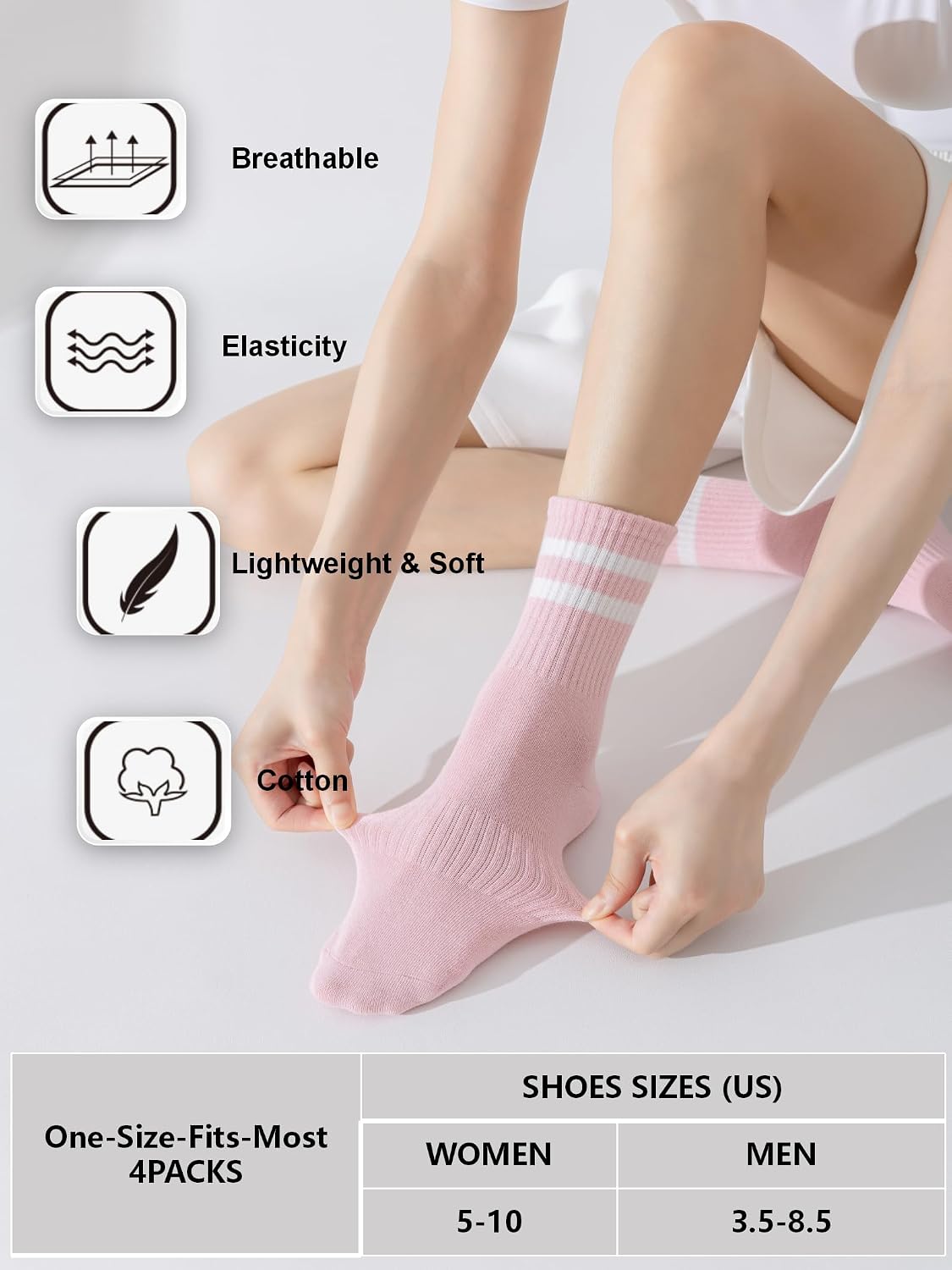 YUWELL Womens Striped Crew Socks, Cotton Cozy Casual Socks for Women 4 Pairs, Size 5-10