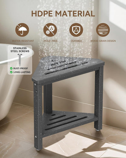 Shower Foot Rest 15in, HDPE Waterproof Shower Stool for Inside Shower, Corner Shower Stool for Shaving Legs with Storage Shelf for Small Space, Shower Step Stool, Plastic Corner Shower Bench, White
