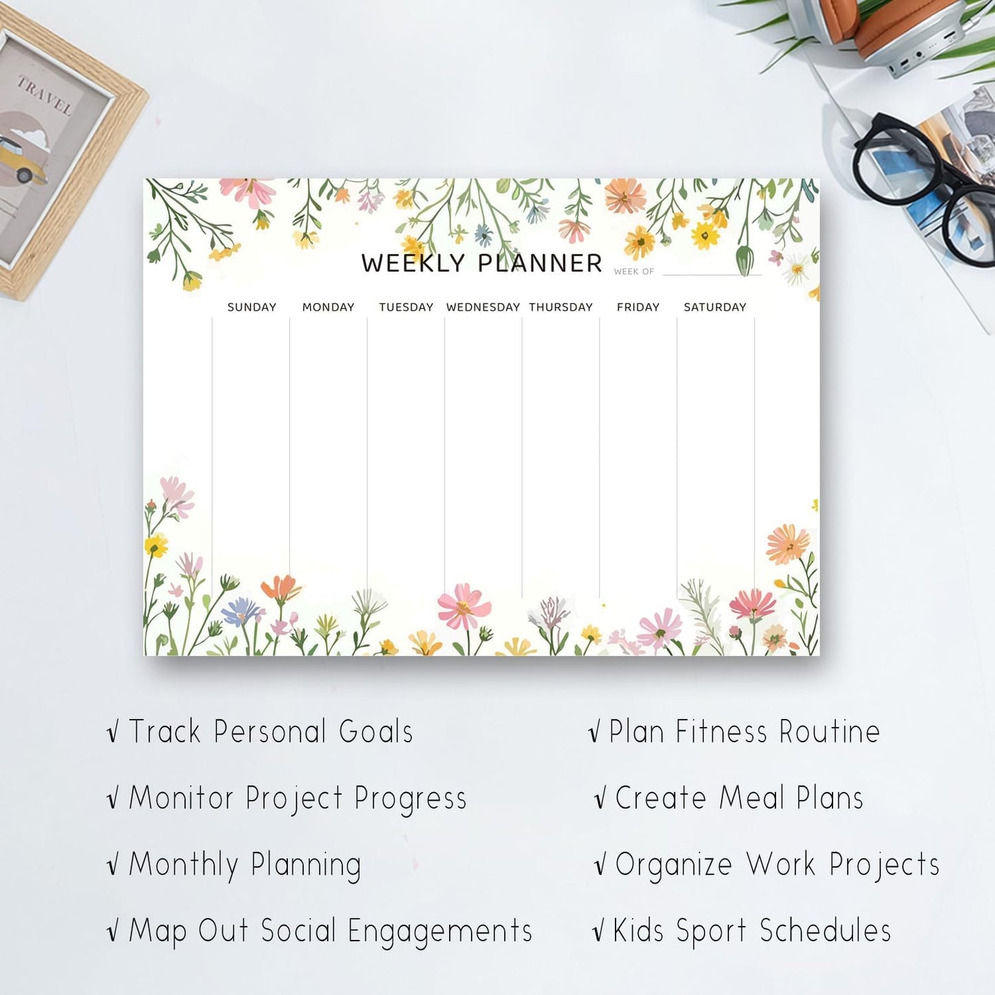Undated Weekly Planner Notepad, 52 Sheet Tear-Off Weekly To Do List Notepad, Desk Planner Pad Calendar, Blank Calendar for Daily Habit Tracking/Menu Planning(8.26"x11,69")