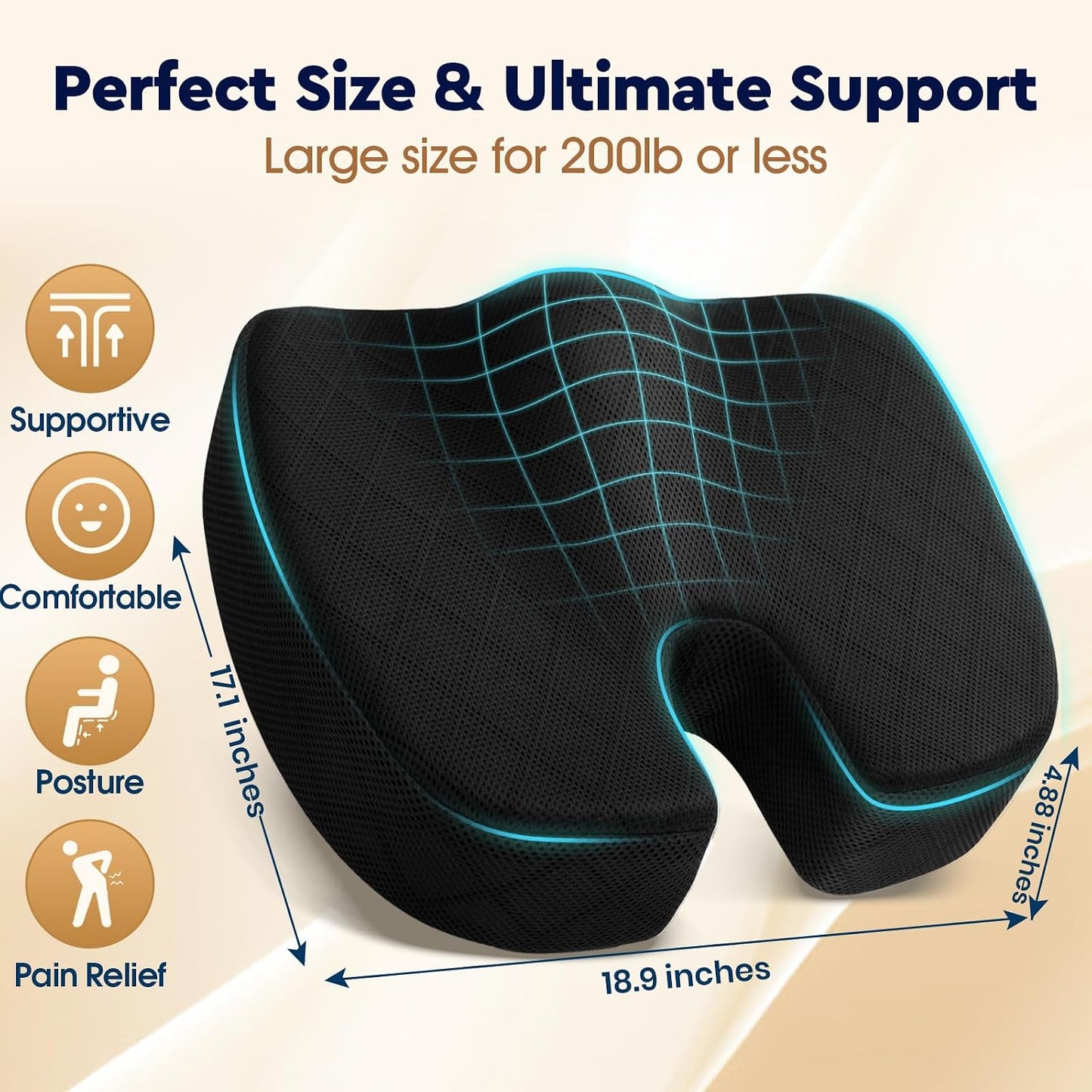 TushGuard Seat Cushion - Memory Foam Sitting Pillow for Office Chair, Car Seat, Airplane, Bleacher - Sciatica & Hip & Coccyx Pain Relief Desk Chair Cushion for Long Sitting Office Workers, Car Drivers