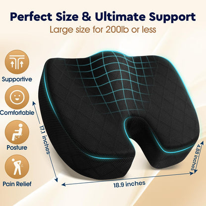 TushGuard Seat Cushion - Memory Foam Sitting Pillow for Office Chair, Car Seat, Airplane, Bleacher - Sciatica & Hip & Coccyx Pain Relief Desk Chair Cushion for Long Sitting Office Workers, Car Drivers