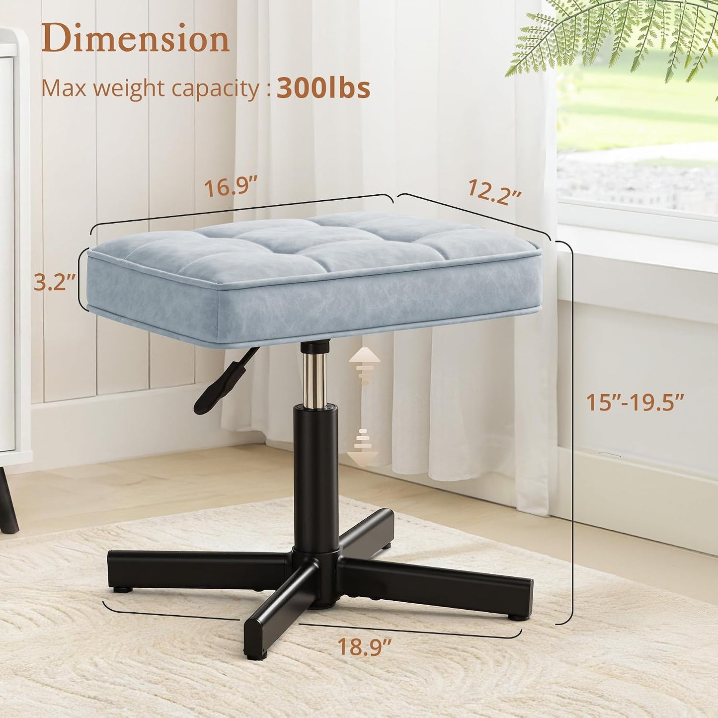 LUE BONA Adjustable Vanity Stool, Foot Rest Under Desk, 360° Swivel Vanity Chair for Makeup Room, Black Upholstered Faux Leather Ottoman for Bathroom & Living Room, 300lbs
