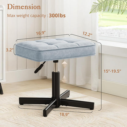 LUE BONA Adjustable Vanity Stool, Foot Rest Under Desk, 360° Swivel Vanity Chair for Makeup Room, Black Upholstered Faux Leather Ottoman for Bathroom & Living Room, 300lbs
