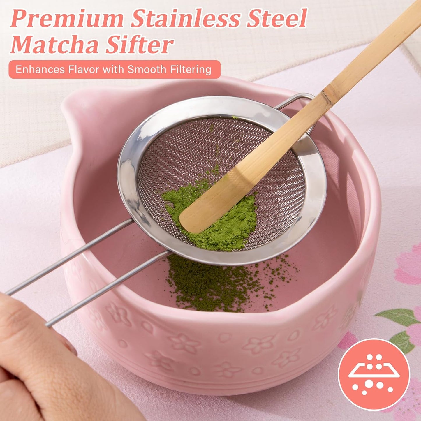 ALBISS Matcha Whisk Set - 7 Pcs Ceramic Matcha Kit with 18oz Spout Bowl & Cherry Blossom Design, Bamboo Whisk & Holder, Scoop, Rest, Sifter, Towel, Elegant Japanese Tea Gift Set for Macha Lover, Green