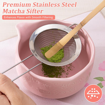 ALBISS Matcha Whisk Set - 7 Pcs Ceramic Matcha Kit with 18oz Spout Bowl & Cherry Blossom Design, Bamboo Whisk & Holder, Scoop, Rest, Sifter, Towel, Elegant Japanese Tea Gift Set for Macha Lover, Green