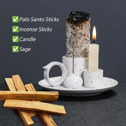 4 in 1 Ceramic Incense Burner Holder with Handle for Burning Sage, Palo Santo Stick, Joss Sticks, Candle in Your New House, Office, Yoga, Meditation Room (Speckled Blue)