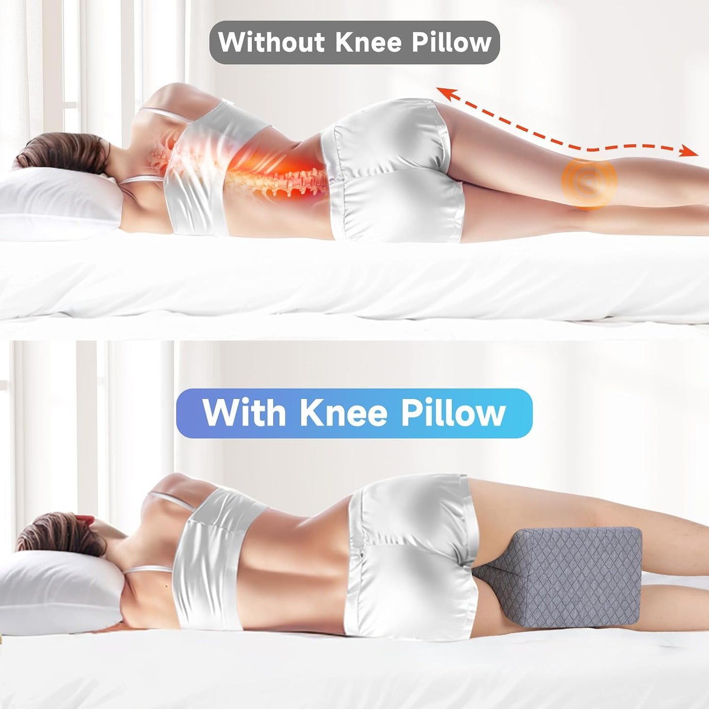 CloudBliss Knee Pillow for Side Sleepers-Cooling Leg Pillow for Side Sleeping, Memory Foam Knee Pillow for Hip Pain, Lower Back Pain, Sciatica Pain, Knee Wedge Pillow with Contour Design, White