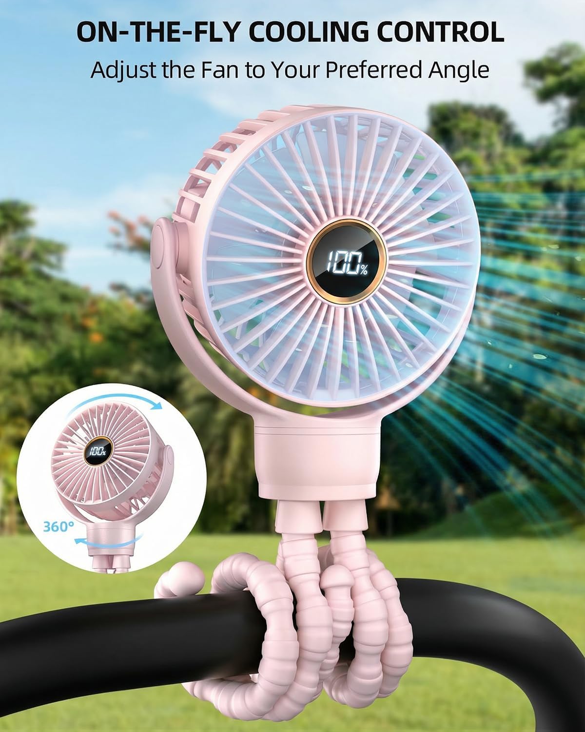 Portable Stroller Mini Fan, Small Rechargeable Personal Fan, Baby Travel Essentials for Wagon, Car Seat, Treadmill, Battery Powered Biking Gear Accessories, 360° Rotation, 3-Speed, Display, Black