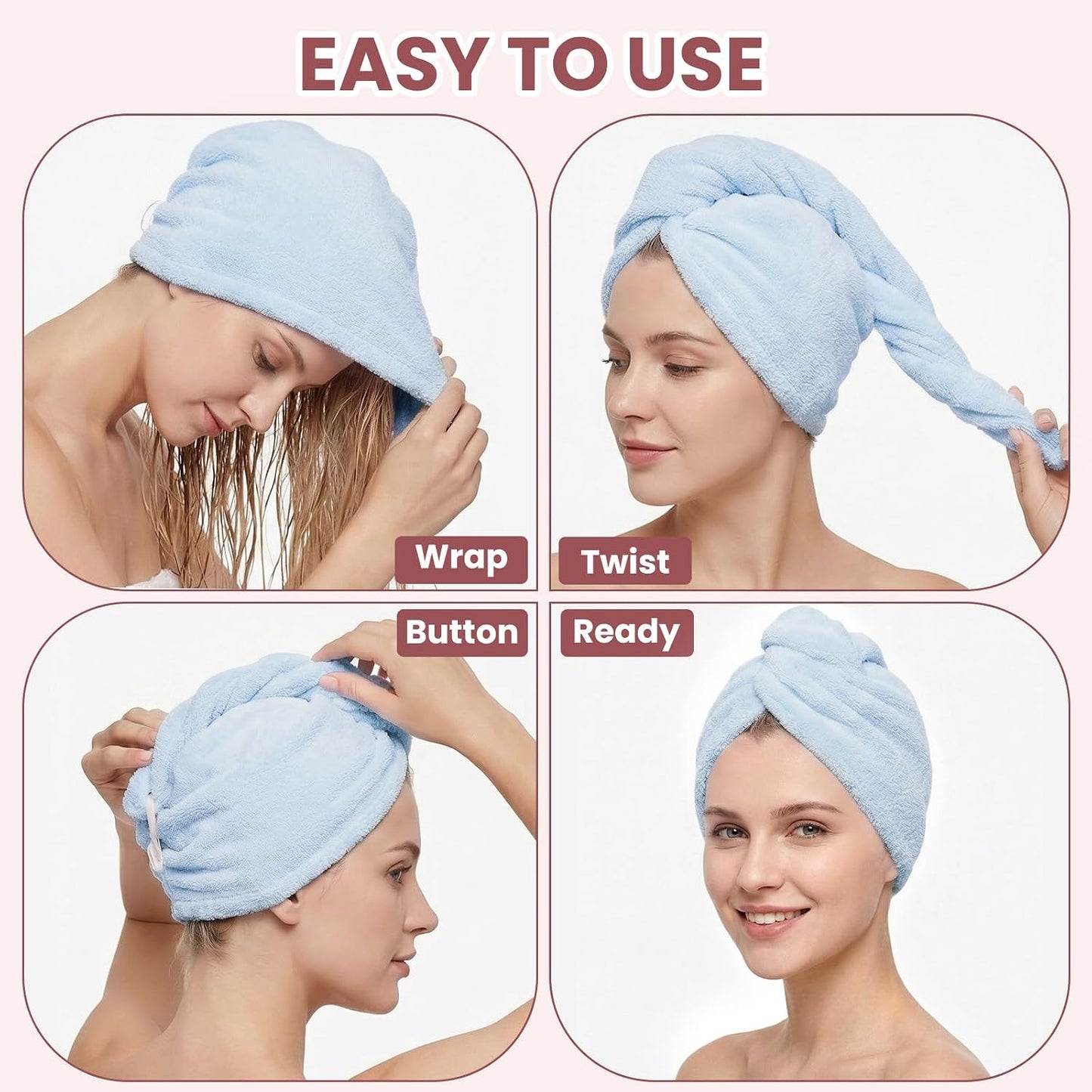 Mandydov 100% Cotton Hair Towel Wrap for Women, 2 Pack Thickened & Super Absorbent Turbans, Anti Frizz Quick Dry Hair Towels (Blue, Pink Blush)
