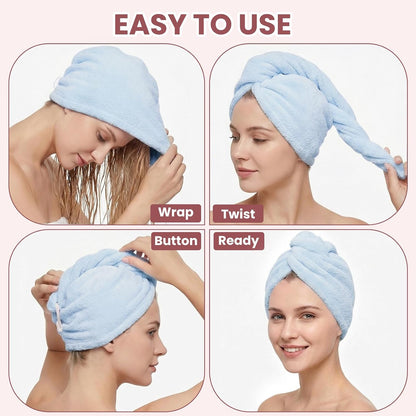 Mandydov 100% Cotton Hair Towel Wrap for Women, 2 Pack Thickened & Super Absorbent Turbans, Anti Frizz Quick Dry Hair Towels (Blue, Pink Blush)