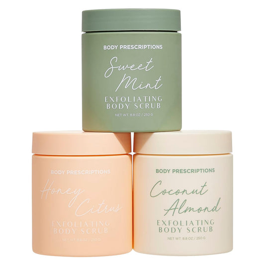 Body Prescriptions Exfoliating Body Scrub – Body Cleanser for Nourished, Ultra-Smooth Skin, Honey Citrus, Coconut Almond, and Sweet Mint