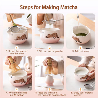 Matcha Set, Japanese Tea Set Includes Matcha Bowl with Spout, Matcha Whisk Holder, Bamboo Matcha Whisk and Bamboo Scoop, 17 oz Mottled Green Glaze Ceramic Matcha Kit for Tea Lovers