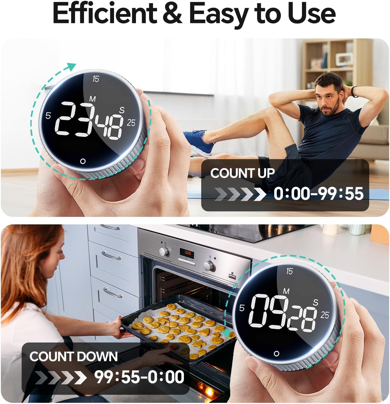 Digital Magnetic Kitchen Timer for Cooking, Large LED Countdown Timer, Rotating Pomodoro Timer, Volume Adjustable, 5/15/25 Min Presets for Kitchen, Baking Grilling Studying