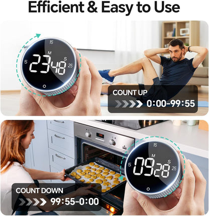 Digital Magnetic Kitchen Timer for Cooking, Large LED Countdown Timer, Rotating Pomodoro Timer, Volume Adjustable, 5/15/25 Min Presets for Kitchen, Baking Grilling Studying