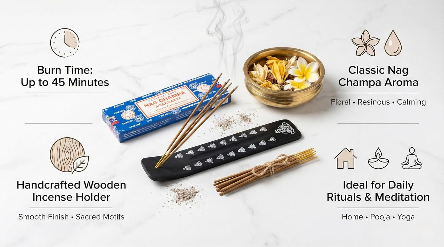 Incense Sticks Variety Pack with Wooden Holder | Nag Champa, Rose, Lavender, White Sage, Frankincense, Palo Santo & Sandalwood | Hand-Rolled Masala Incense