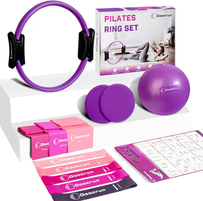 Goocrun Pilates Ring Set Exercise Equipment, with Exercise Resistance Bands Set, Pilates Ball, Sliding Disks. Portable Home Gym - with Fitness Guide Poster