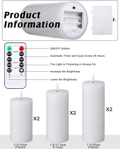 VIHOSE 12 Pack White Flameless Candles Set with Remote and Timer Flickering Flameless Battery Candles Flat Top LED Pillar for Wedding Outdoor Home Festival Decoration(D 3'' H 4'' 5'' 6'')