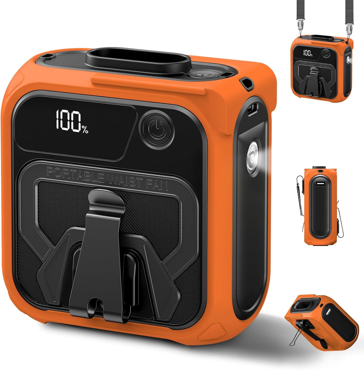 Portable Waist Fan, 10000mAh Rechargeable Belt Fan, Clip-On Waist Fans with 5 Adjustable Speeds, Up to 40H Battery Life, LED Display & Flashlight, for construction workers, Outdoor, Camping-Orange