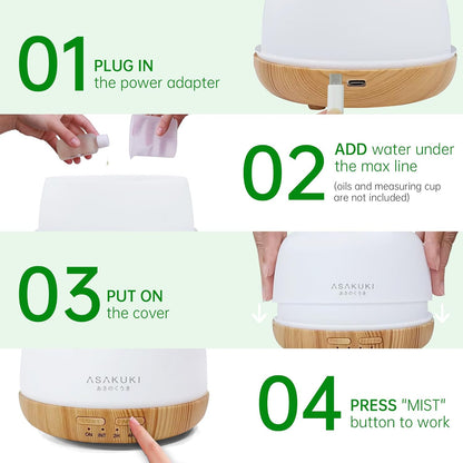 ASAKUKI Essential Oil Diffuser for Home, 500ML Aromatherapy Diffuser Humidifier with Remote Control, 7 Color LED Lights, Quiet Cool Mist Diffuser for Bedroom, Living Room, Office (White)