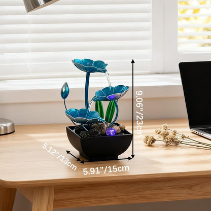 AOZITA Tabletop Fountain, Indoor Waterfall Fountain, Small Home Décor Zen Relaxation Soothing Sound Machine for Office, Living Room, or Bedroom,Blue Metal Lotus with Bud, River Rocks,Round LED