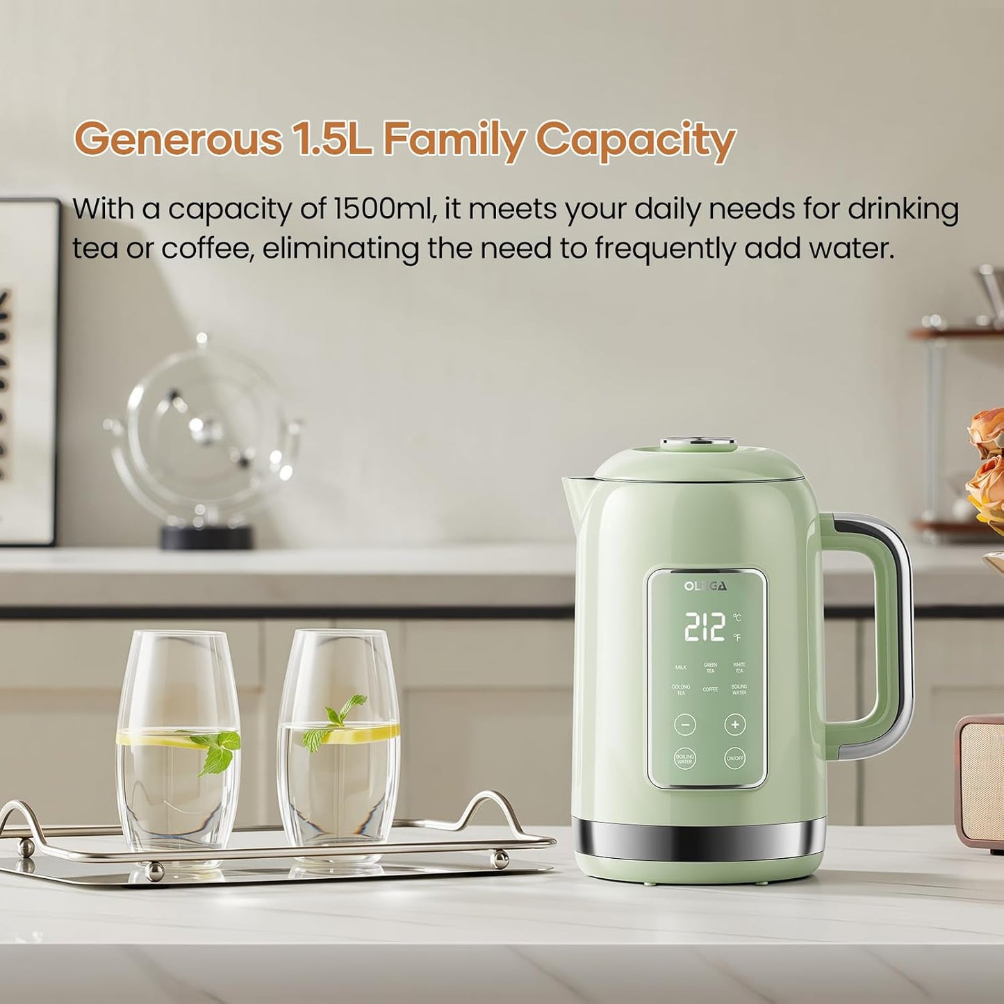 Electric Kettle Temperature Control: OLEGA 1.5L Stainless Steel Smart Kettle Hot Water Boiler, 6 Temp Presets, 1200W Fast Boiling Electric Tea & Coffee Kettle, Electric Kettles Teapot for Home -Green