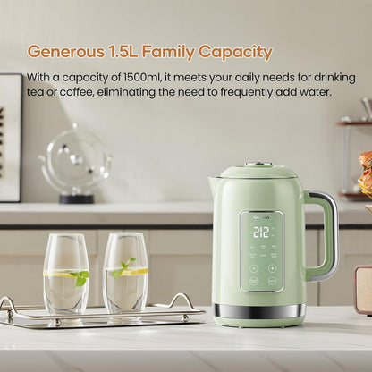 Electric Kettle Temperature Control: OLEGA 1.5L Stainless Steel Smart Kettle Hot Water Boiler, 6 Temp Presets, 1200W Fast Boiling Electric Tea & Coffee Kettle, Electric Kettles Teapot for Home -Green